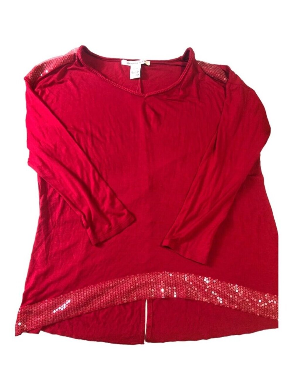 Red Super Soft Stretch High Low Split Back Sequin Shoulder Party Blouse Sz 1X